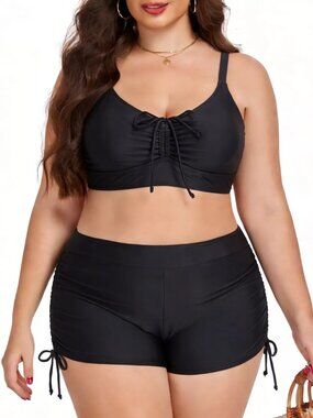 Plus Size Ruched Drawstring Swim Set